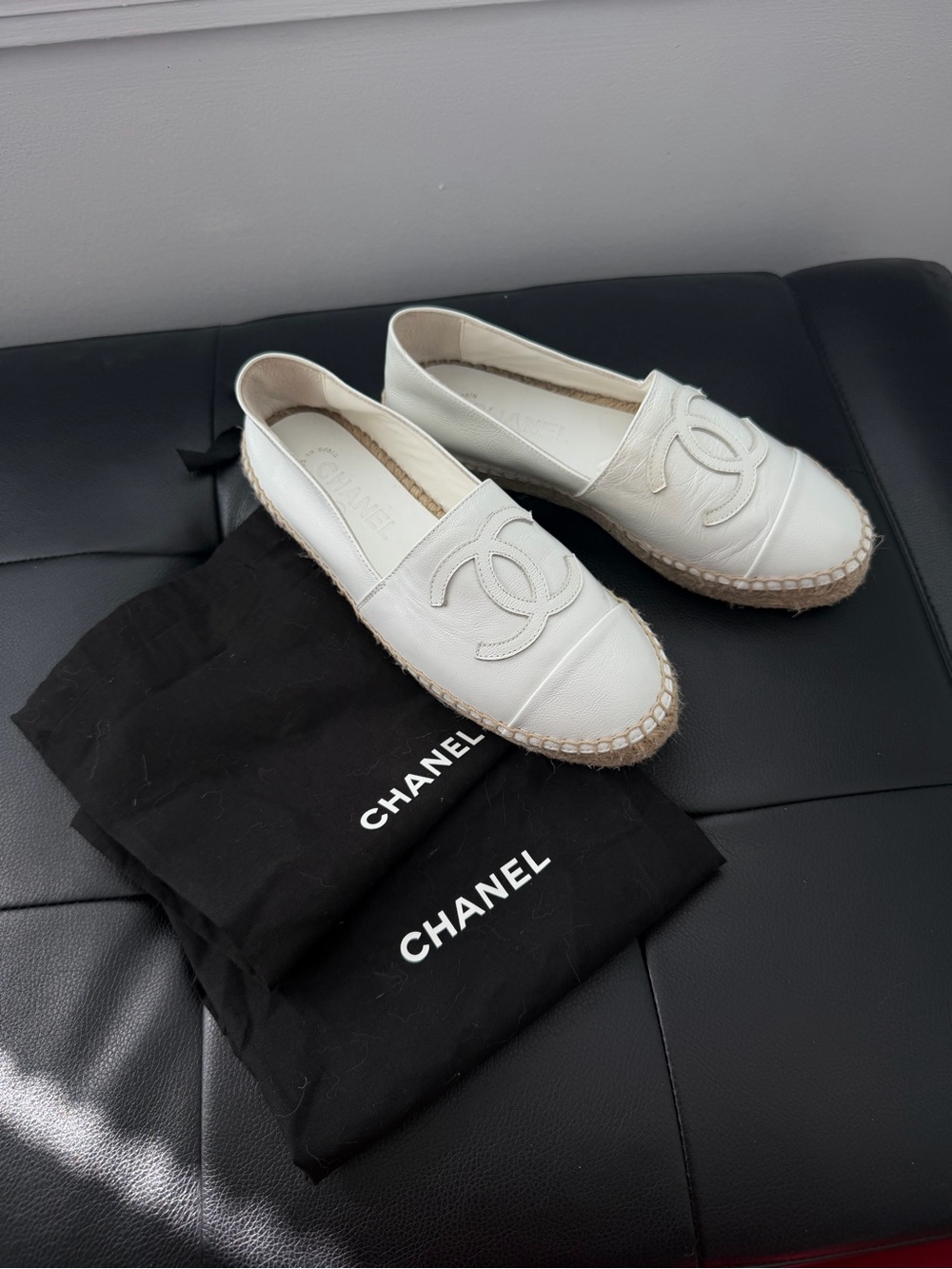 CHANEL White Leather CC Espadrilles Shoes Flats Size 36